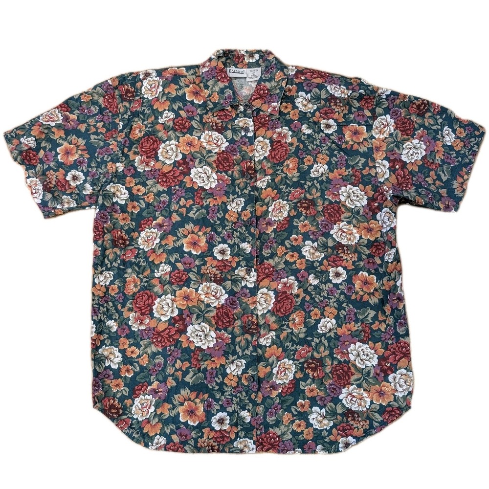 Vtg 80s CAPACITY Floral Button Down Shirt Short Sleeve Large Floral Cottagecore